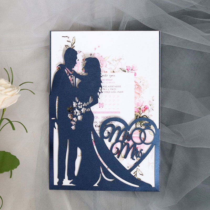 10Db Menyasszony És Vőlegény Lézerrel Vágott Esküvői Meghívók Kártya Szerelmes Szív Üdvözlőkártya Valentin-Nap Party Dísz Dekoráció