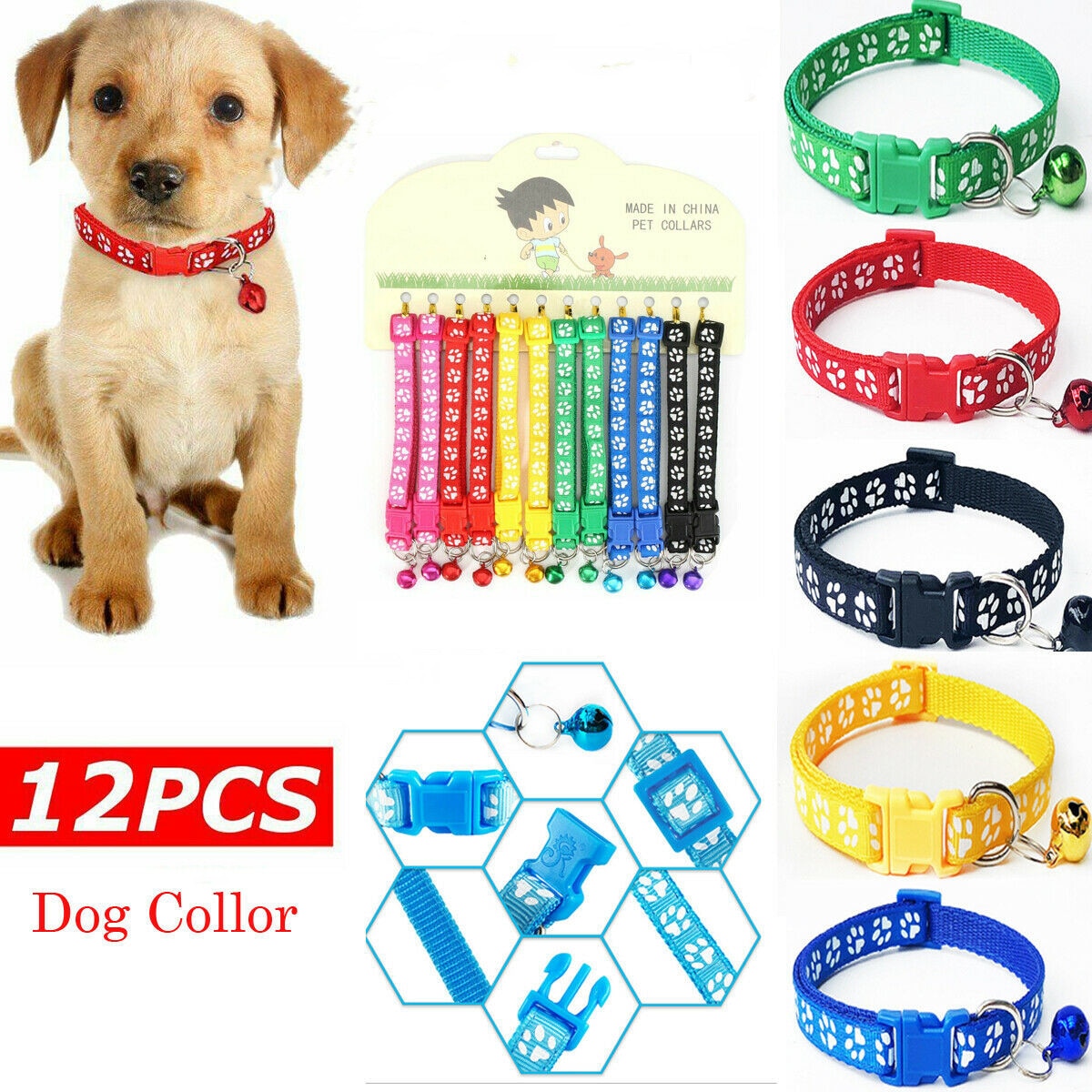 12PCS-Lot-Dog-Collars-Pet-Cat-Puppy-Color-Buckle-Nylon-Collar-W-Bell-Wholesale 12Db / Sok Kutya Gallér Kölyök Színű Csat Nylon W Bell Nagykereskedelem - Image 1