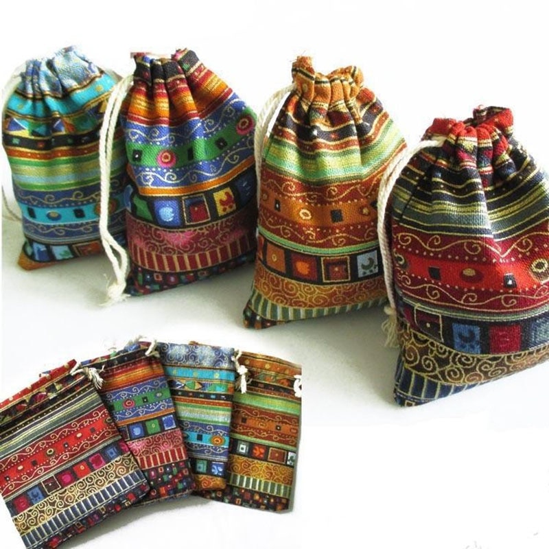 12Db Vintage Pamutvászon Húzózsákok Etnikai Csomagoló Ajándéktáskák Kis Gerendás Kötél Cukorka Tea Ékszer Tasakok Szervező