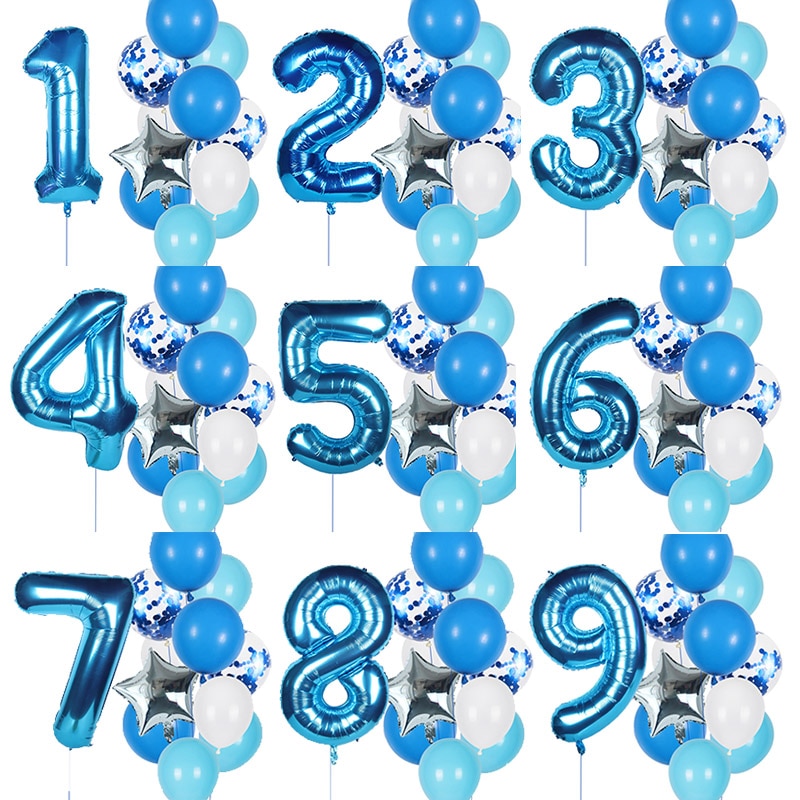 12Db Fiú Születésnapi Lufi Kék Latex Konfetti Szám Party Dekoráció Gyerekek 1 2 3 4 5 6 7 8 9 10 Éves