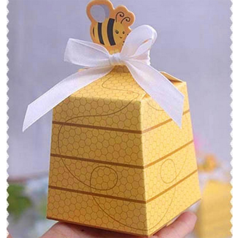 10pcs-Yellow-Bee-European-Style-Favors-Candy-Boxes-Gift-Box-with-White-Ribbons-Baby-Shower-Wedding 10Db Sárga Méh Európai Stílusban A Cukorka Dobozokat - Image 1