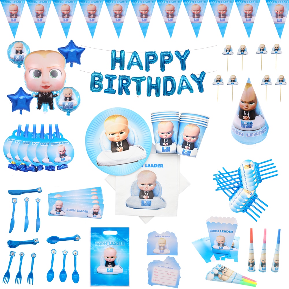 Boss Baba Téma Születésnapi Party Dekorációk Gyerekek Asztali Étkészlet Kupa Tányér Szalvéták Cupcake Transzparens Ballonok Zuhany Kellékek