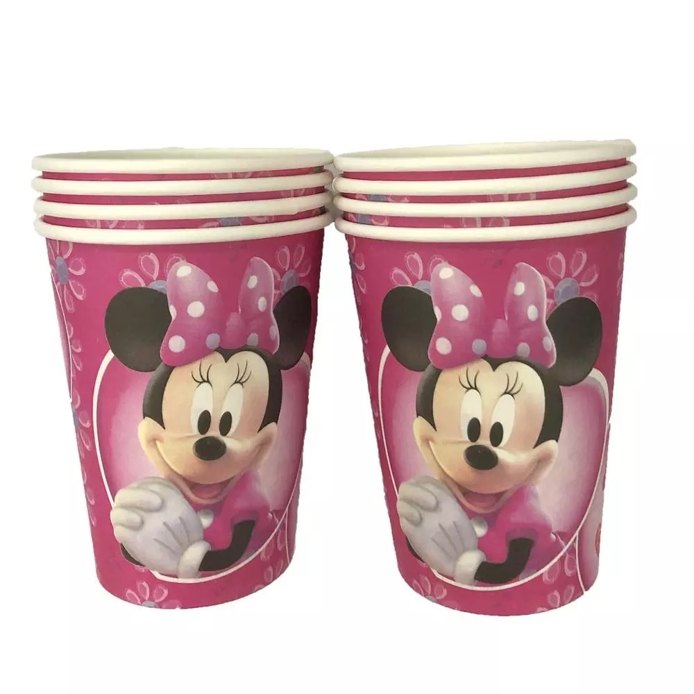 Disney Rózsaszín Minnie Egér Téma Baba Boldog Születésnapi Party Dekoráció Kellékek Papír Poharak Lemezek Szalma Eldobható Asztali Edények