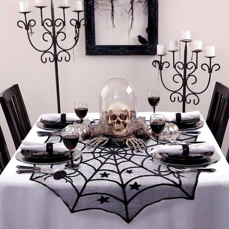 Halloween Dekoráció Csipke Pókháló Csontváz Koponya Terítő Fekete Kandalló