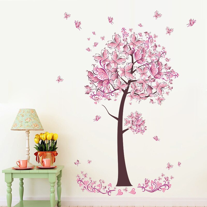 Rózsaszín Pillangó Virág Fa Fal Matricák Lányok Nők Virágfestmény Vinil Tapéta Otthoni Nappali Hálószoba Dekoráció
