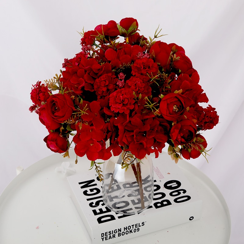 Rózsa Művirágok Kiváló Minőségű Hortenzia Hibrid Csokor Selyem Virág Őszi Dekoráció Barkács Házikert Esküvői