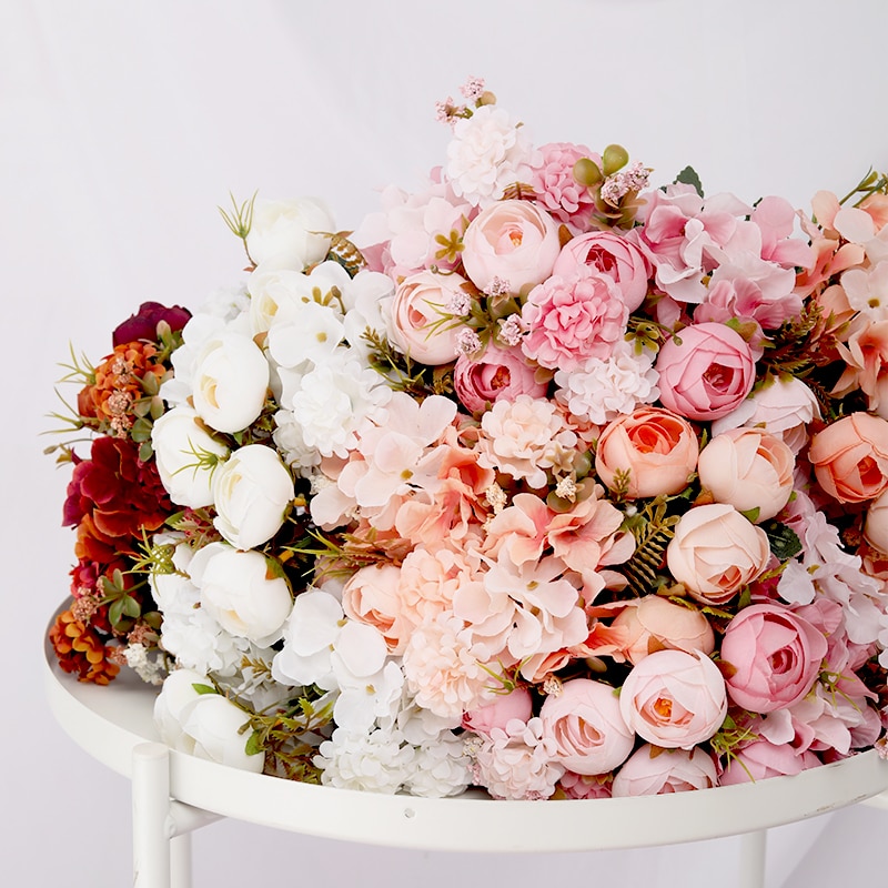 Rózsa Művirágok Kiváló Minőségű Hortenzia Hibrid Csokor Selyem Virág Őszi Dekoráció Barkács Házikert Esküvői