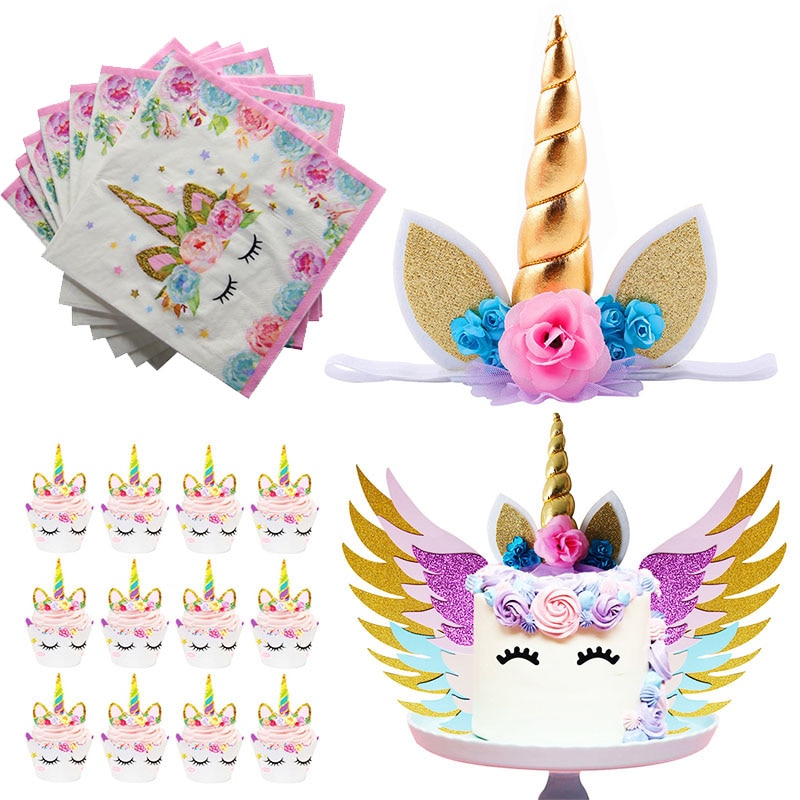 Arany Egy Vú Torta Felső Fejpánt Unicornio Party Díszek Cupcake Toppers Wrapper 1 2 3 Születésnapi Parti Kellékek