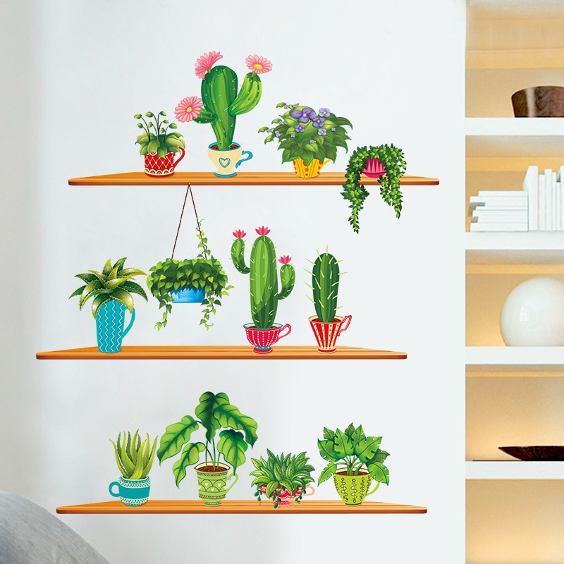 Zöld Kerti Növény Kaktusz Cserepes Virágcserép Készlet 3D Barkács Fali Matricák Családi Falfestmények Művészeti Konyha Ablak Dekoráció