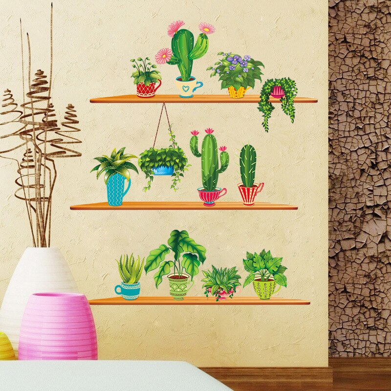 Zöld Kerti Növény Kaktusz Cserepes Virágcserép Készlet 3D Barkács Fali Matricák Családi Falfestmények Művészeti Konyha Ablak Dekoráció