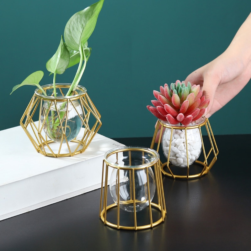Nordic Iron Golden Hydroponic Glass Vase Kreatív Otthoni Díszek Nappali Asztali Dekoráció Geometriai Virág Növény Váza