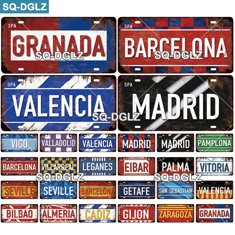 [Sq-Dglz] Spanyol Város Rendszámtábla Fém Jel Vintage Tábla Bádog Fal Dekor Bár Barcelona / Madrid Seville Zászló Poszter
