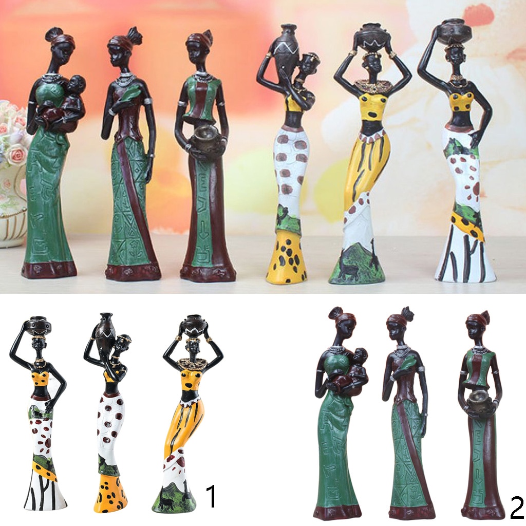 3Db Afrikai Törzsi Hölgy Gyanta Figurák Szobor Otthoni Dekoratív Asztali Dísz A Nappali Hálószoba Olvasószoba Polcához