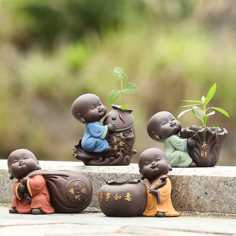 Kerámia Tea Pet Díszítése Kis Buddha-Szobor Monk Kisplasztika Desktop Virágcserép Hydroponic Növény Dekoráció Kiegészítők