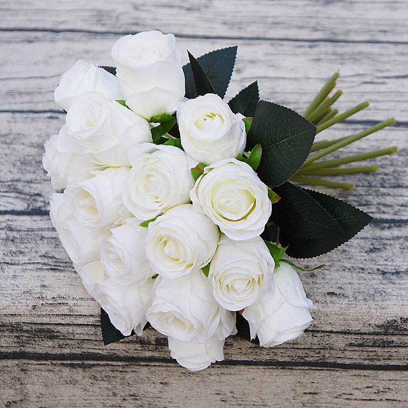 18Heads / Csokor Rózsa Kézi Virágok Műselyem Virág Fehér Esküvői Dekorációhoz Szoba Asztali Dekoráció Menyasszonyi Flores