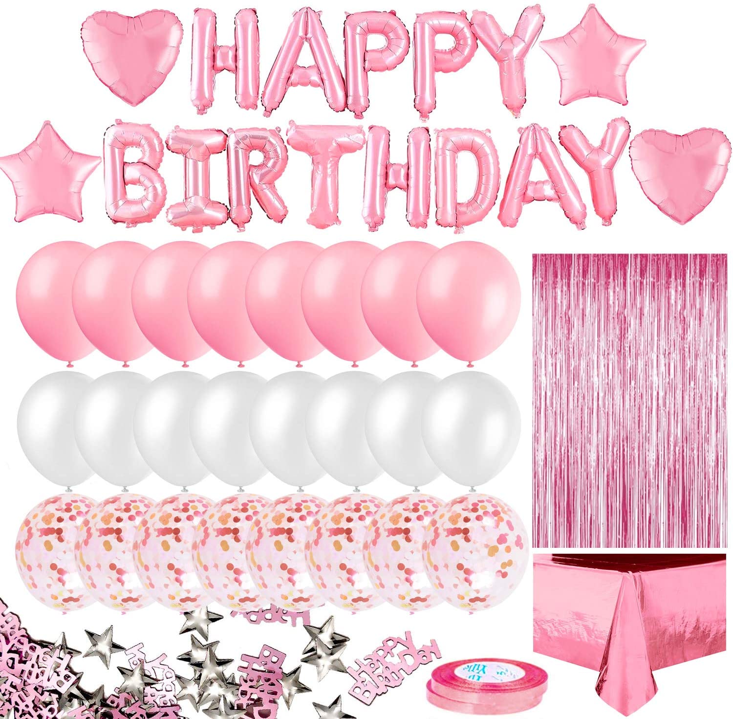 Rózsaszín Születésnapi Party Dekoráció Lányoknak Boldog Születésnapot Transzparens Baloons Rojtfüggöny Fólia Asztalterítő Heart Star Confetti B