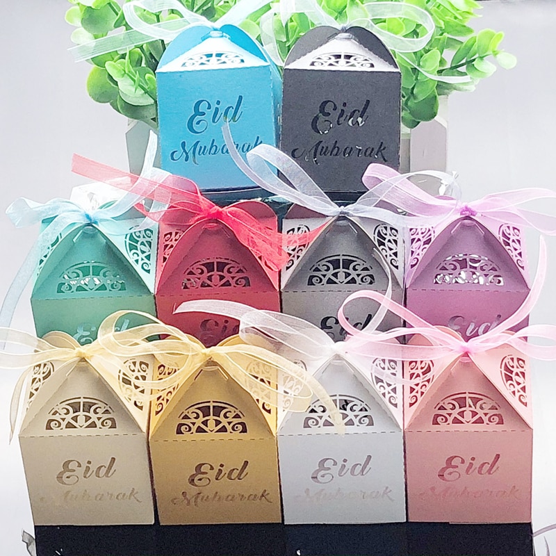 10/50 / 100Db Happy Eid Mubarak Candy Box Ramadan Dekorációk Diy Favor Ajándékdobozok Iszlám Muzulmán Al-Fitr Party Kellékek