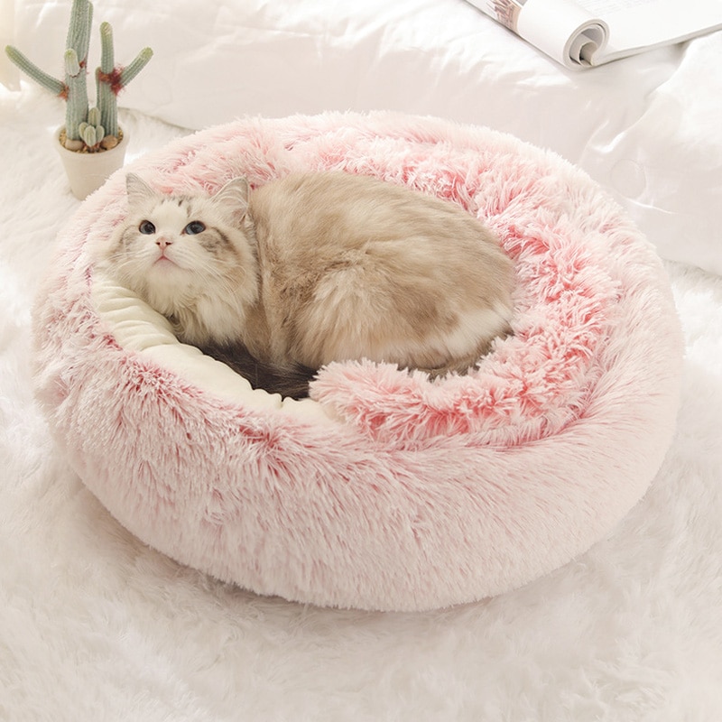 Hot Plüss Round Cat Bed Meleg Ház Soft Long Kutyaágy Kis Kutyák Számára Macskafészek 2 Az 1-Ben Macskák Párna Alvó Kanapé
