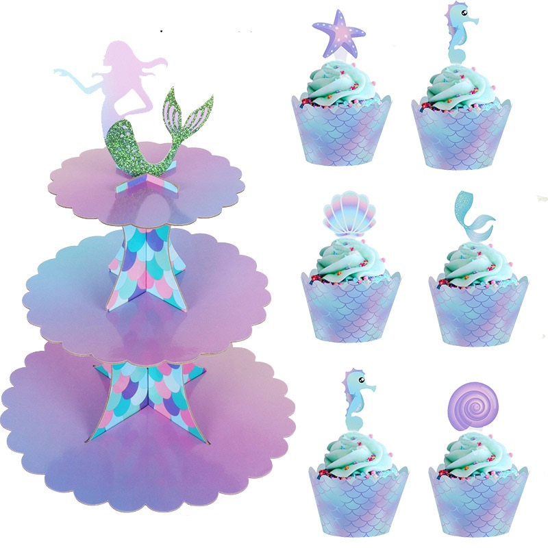 3 Rétegű Sellő Torta Állvány Cupcake Tartók Születésnapi Díszek Csomagolók Baba Zuhany Esküvői Party Kellékek