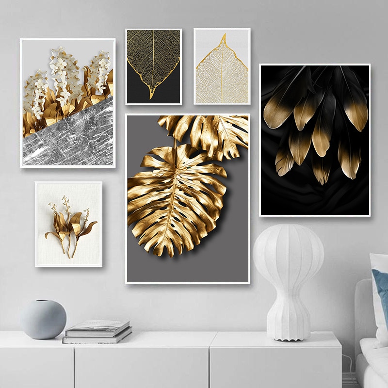 Arany Levelek Luxus Absztrakt Dekoráció Otthon Fali Művészet Nyomtatás Növény Poszter Minimalista Fal Háttér Vászon Festmény