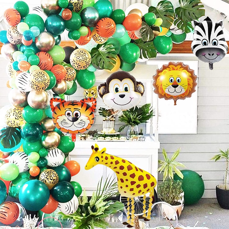 Dzsungel Szafari Téma Party Kellékek Balloon Garland Kit Green Animal Léggömbök Gyerekeknek Bulik Születésnapi Baba Zuhany Dekoráció