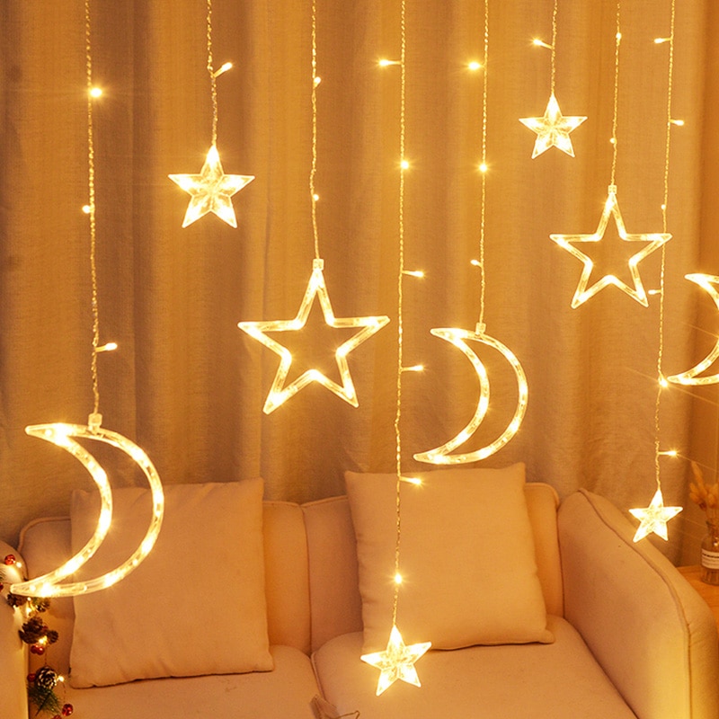 Csillogó Csillag / Hold Tündér Fény Dísz 12 Hálós Lámpás Függöny Lámpák Hálószobás Ramadán Születésnapi Karácsonyi Beltéri Dekorációk