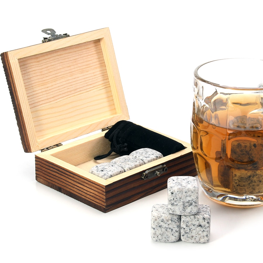Whisky Kövek Szett - 9 Gránit Szikla / Fadoboz Bársony Táska Rafelhasználható Hűtő Jégkocka