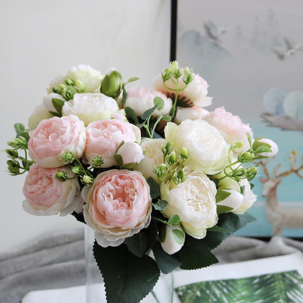 30Cm Rose Pink Selyem Csokor Bazsarózsa Művirág 5 Big Fejek 4 Kis Bud Menyasszony Esküvői Lakberendezési Virágok Faux