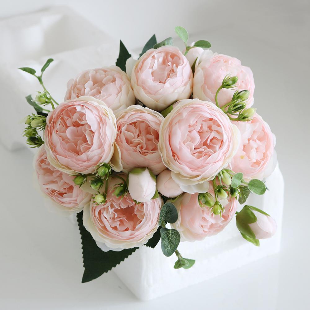 30Cm Rose Pink Selyem Csokor Bazsarózsa Művirág 5 Big Fejek 4 Kis Bud Menyasszony Esküvői Lakberendezési Virágok Faux