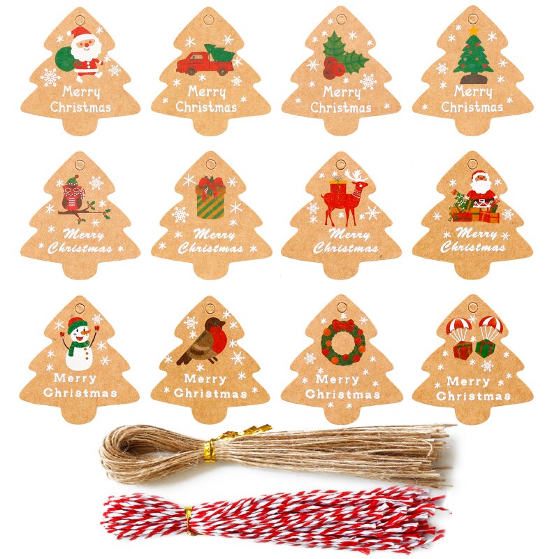 48 Készlet Kraft Papír Címkék Mikulás Karácsonyfa Ajándék Karácsony Party Dekoráció Diy Függesztett Kézműves Csomagoló Kötél