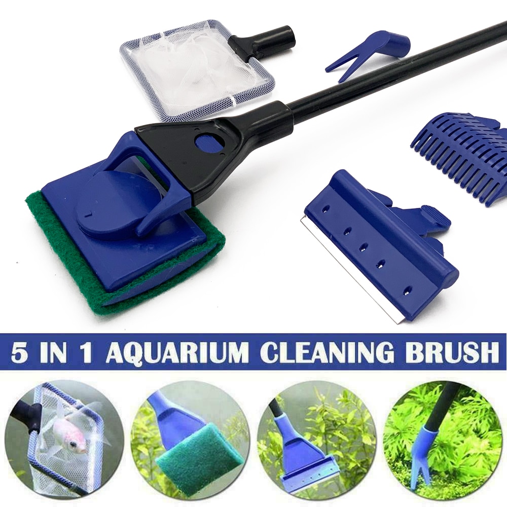 5-in-1-Aquarium-Cleaning-Tools-Aquarium-Tank-Clean-Set-Fish-Net-Gravel-Rake-Algae-Scraper 5 Az 1-Ben Akvárium Tisztító Eszközök Akváriumi Tartály Tiszta Készlet - Image 1