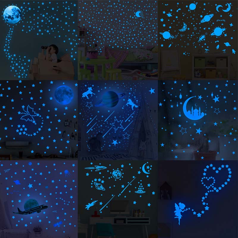 Kék Hold Csillagok Világító Fal Matricák Gyerekszoba Dekoráció Fluoreszkáló Egy Vú Falimatricák Világítanak A Sötét Matricákon