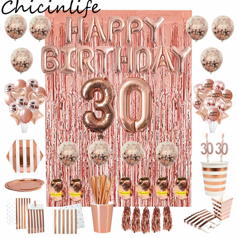 Chicinlife Rosegold 30 Születésnapi Party Dekoráció Száma Léggömb Szalma Papírlemezek Popcorn Doboz Felnőtt Éves Kellékek