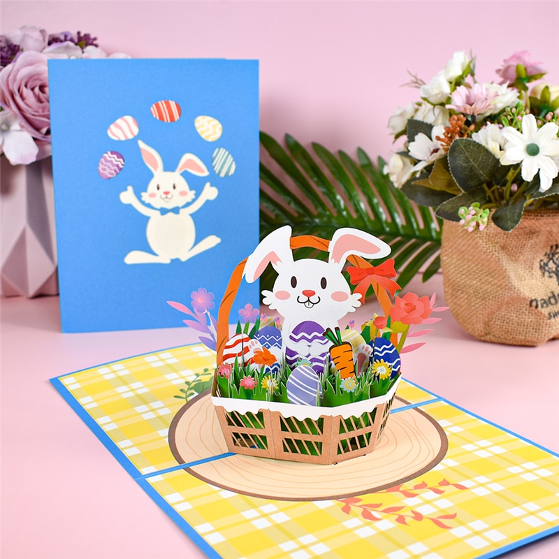 Easter Card Bunny Egg Virág Kosár Pop-Up 3D Üdvözlőlap Aranyos Állatok Születésnapi Kártya Gyerekeknek