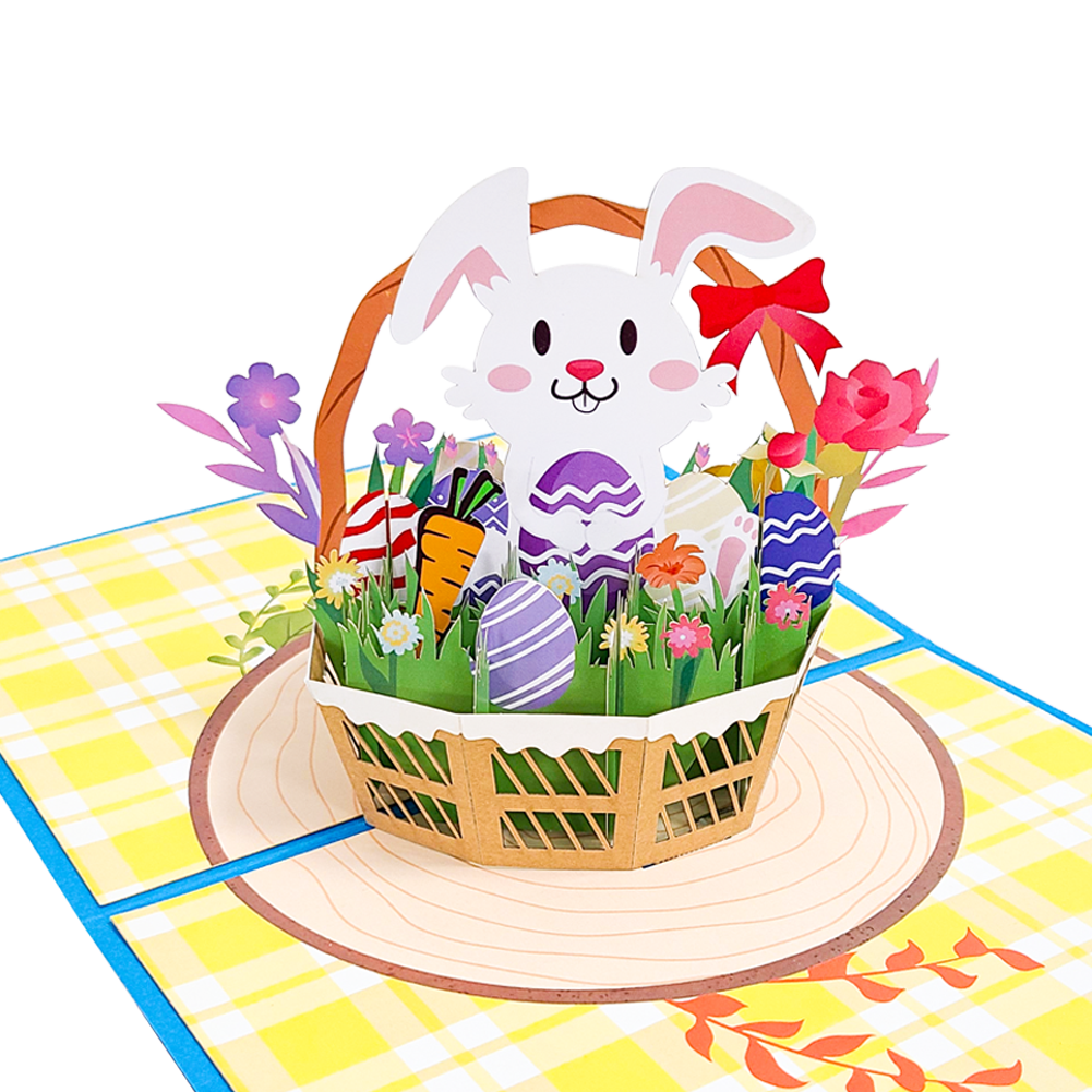 Easter Card Bunny Egg Virág Kosár Pop-Up 3D Üdvözlőlap Aranyos Állatok Születésnapi Kártya Gyerekeknek