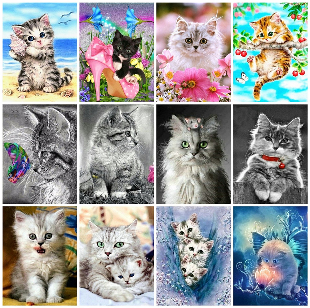5D Diamond Festés Teljes Tér Cat Strasszok Képek Állatok Hímzések Mosaic Eladó Cartoon Gyöngysor
