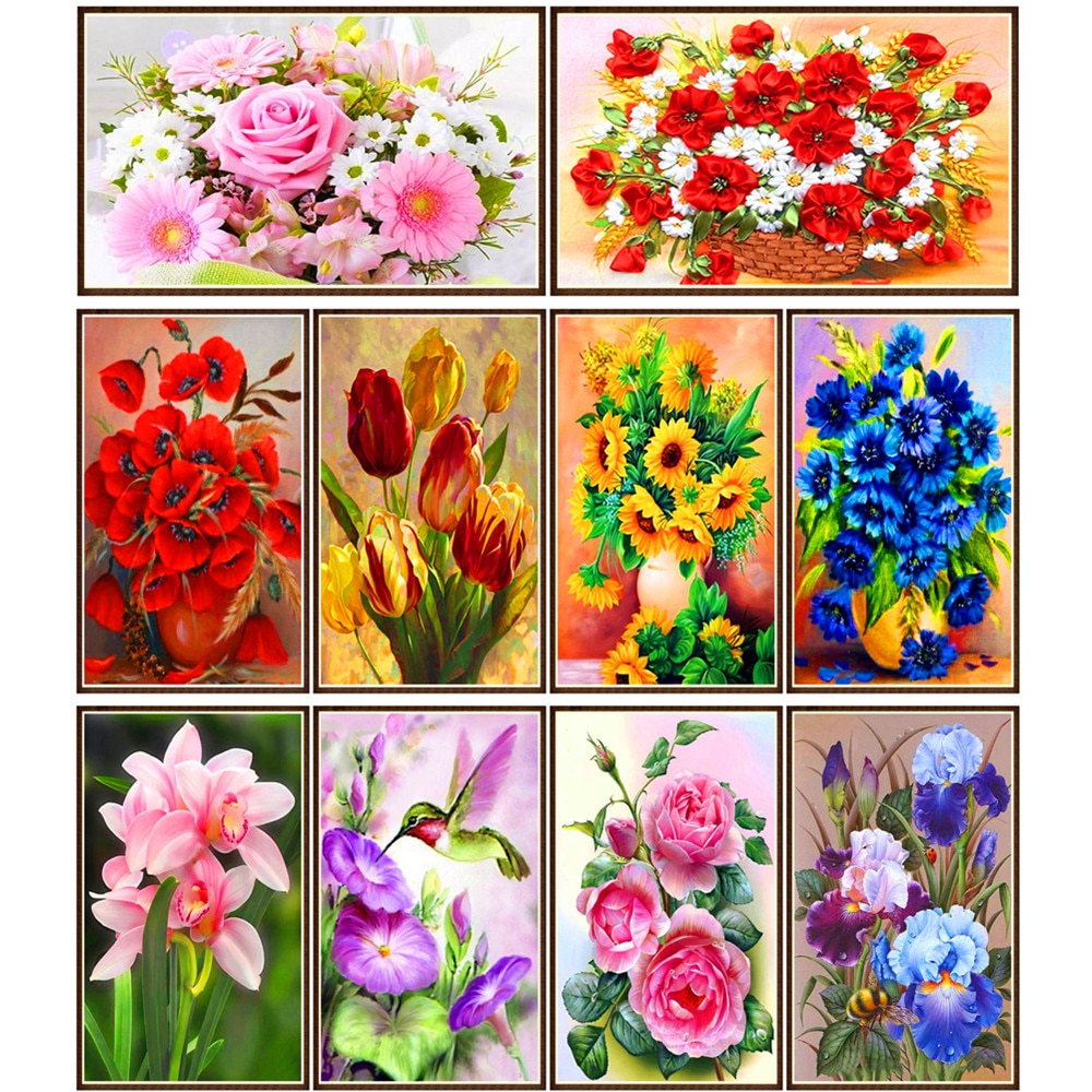 Kerek Teljes Gyémánt 5D Virág Festmény Kombinációja Virágok Diy Hímzés Kit Lakberendezési Ajándék