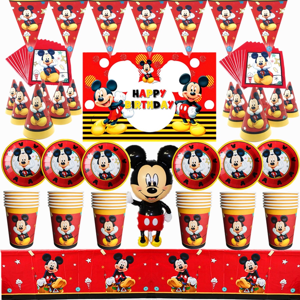 Piros Mickey Mouse Gyermek Téma Születésnapi Party Elrendezés Dekoratív Papír Csésze Rajz Zászló Asztalterítők Eldobható Kellékek