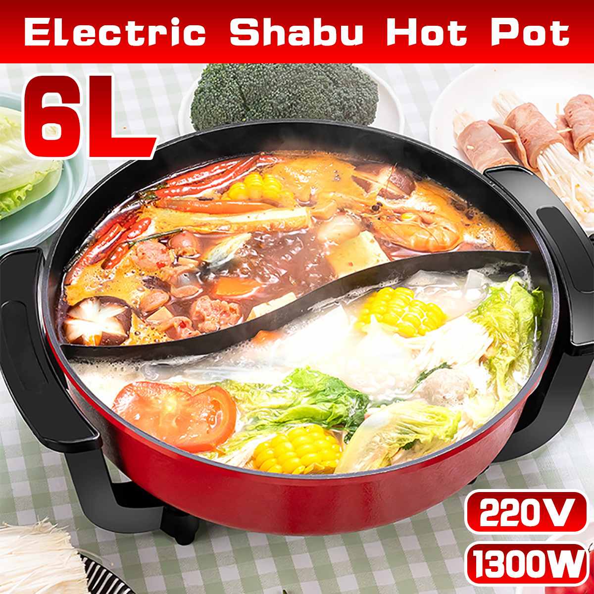 1300W-220V-Electric-Hot-Pot-double-Soup-pots-Shabu-Cookware-Kitchen-indoor-Smokeless-Pots-Non-Stick 1300W 220V Elektromos Edény Kettős Leves Edények Shabu Konyhai Konyha Beltéri Füstmentes Non Stick Indukciós Tűzhelyek 6L - Image 1