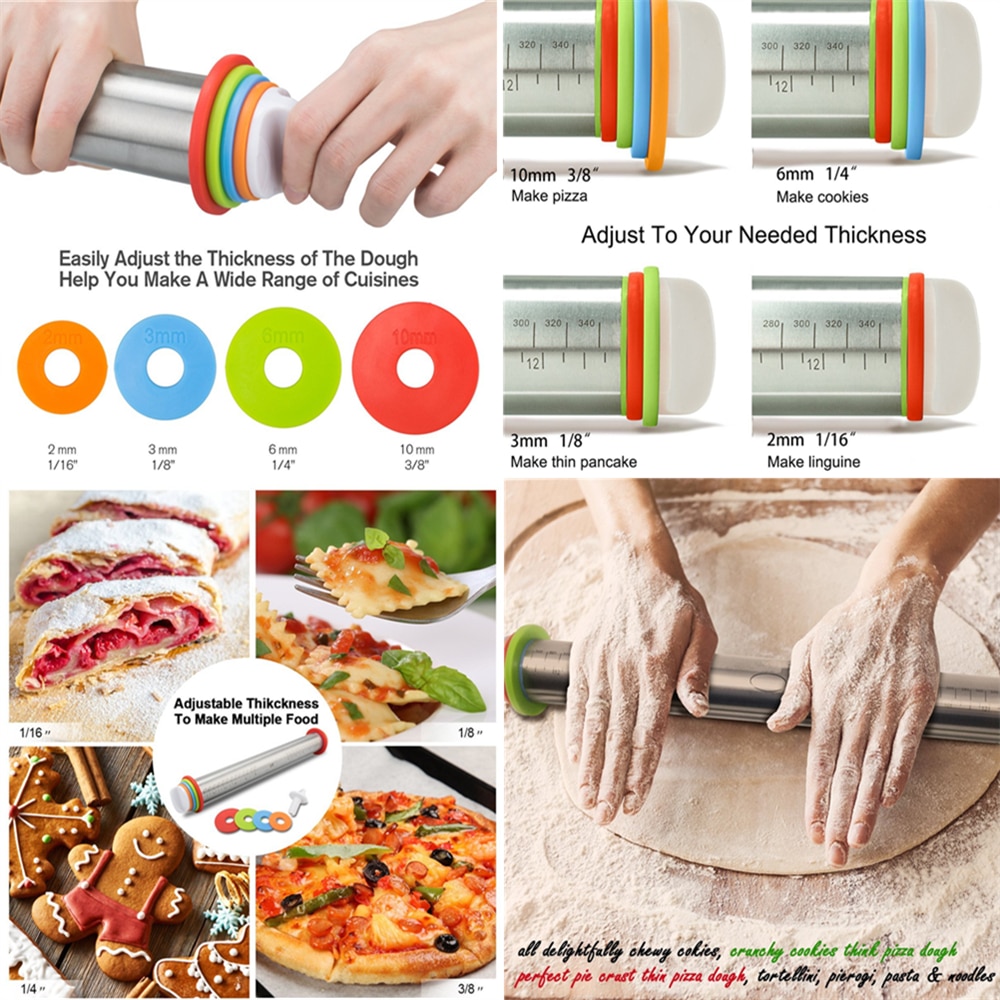 Állítható Rozsdamentes Acél Sodrófa Tészta Szőnyeg Görgő 4 Levehető, Vastagságú Gyűrű Pizza Péksütemény Pite Sütés - Image 5