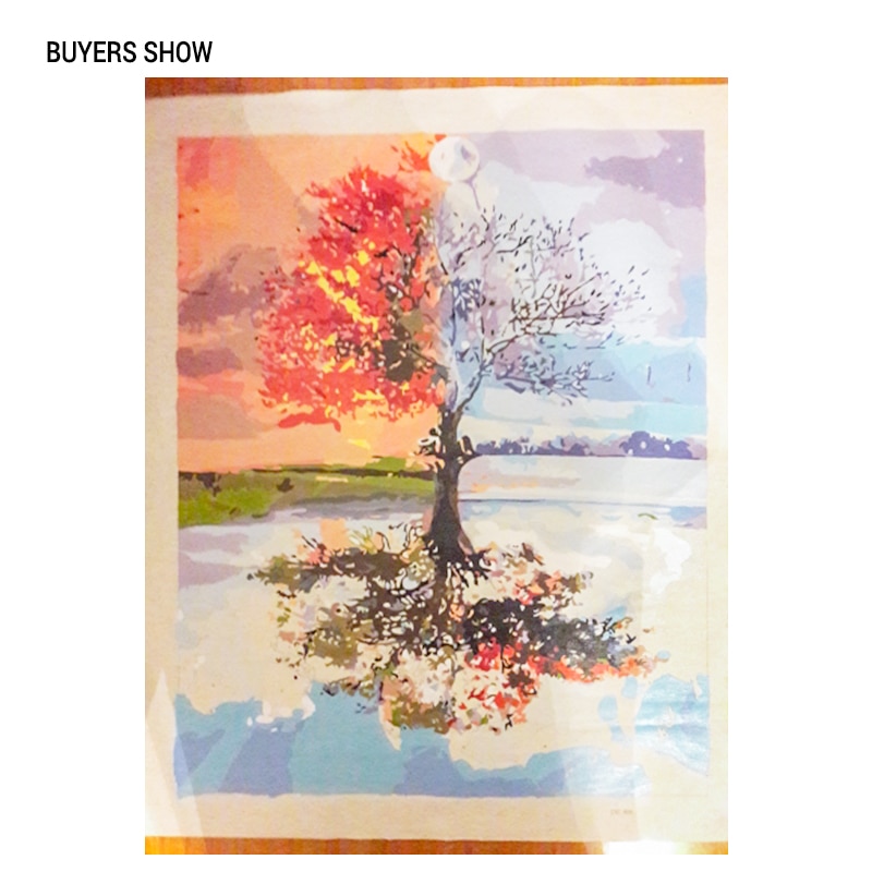 Chenistory Keret Four Seasons Fa Táj Diy Festés Számok Kit Festék, Vászon Festmény Kalligráfia Lakberendezés - Image 2
