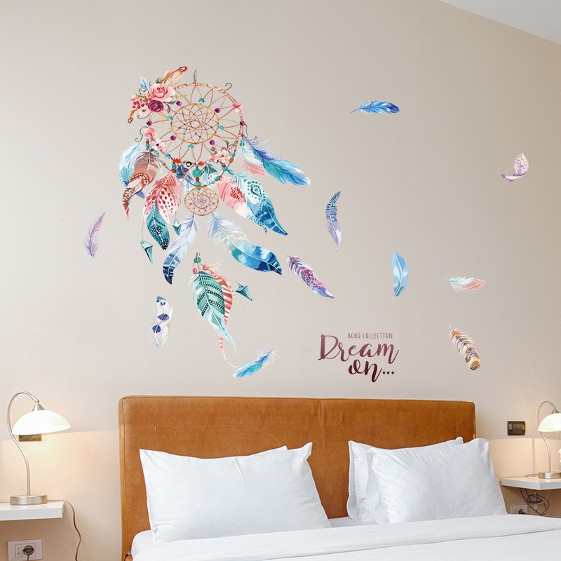 Colourful-Feathers-Dream-Catcher-Wall-Art-Stickers-For-Office-Shop-Study-Room-Home-Decoration-Diy-Pvc Színes Tollak Álomfogó Falikép Matricák Irodai Üzlet Dolgozószobájához Lakásdekoráció Diy Pvc - Image 2