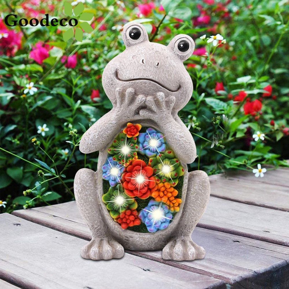 Goodeco Garden Frog Szobrok Zamatos Figurával 7 Led-Es Napfény Dekoráció Kültéri Szolár Békás Díszekkel A Jardin Udvar Gyepéhez