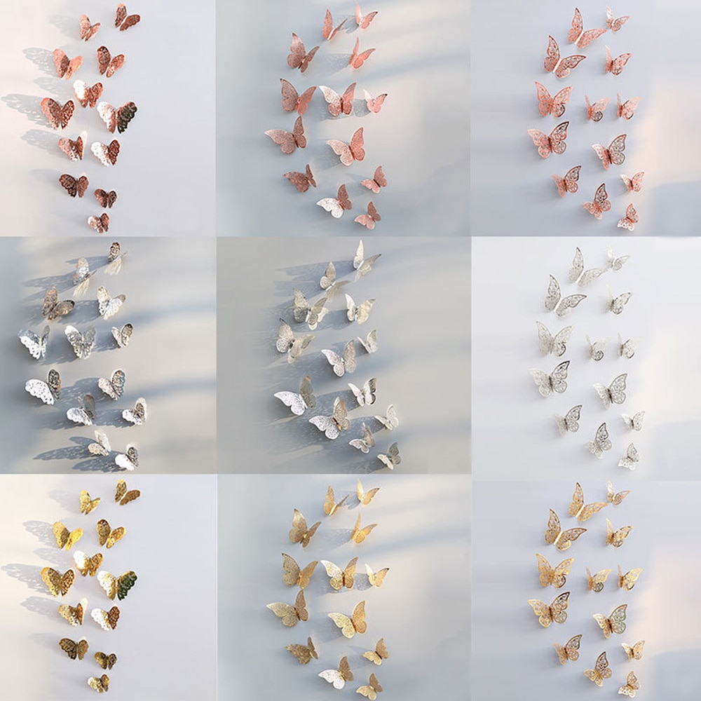 12Db / Készlet Üreges 3D Pillangó Falmatrica Dekoráció Nappali Ablak Lakberendezés Arany Ezüst Pillangók Matricák