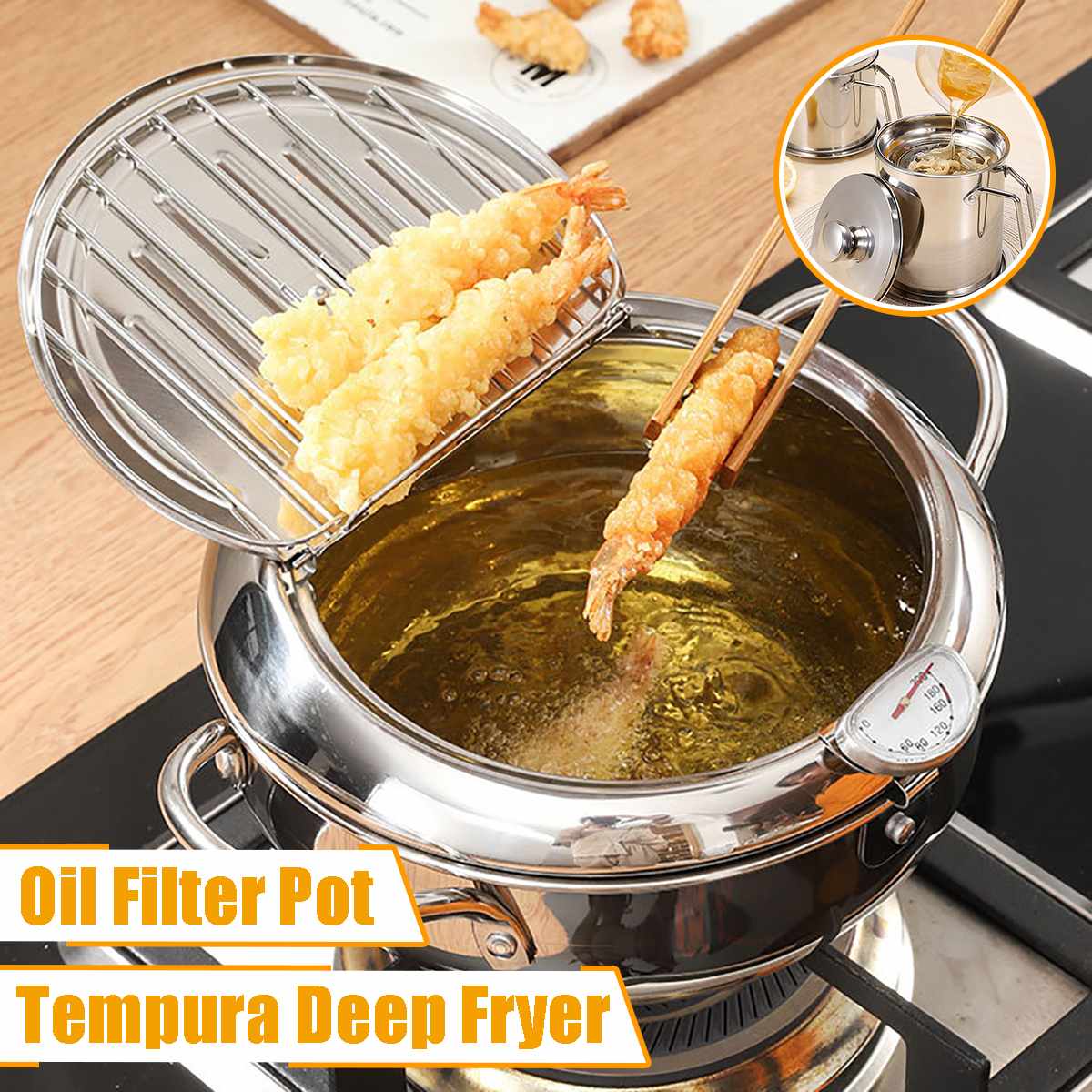 20-24cm-Japanese-Deep-Frying-Pot-with-a-Thermometer-and-a-Lid-304-Stainless-Steel-Kitchen 20 / 24Cm-Es Japán Mélysütő Edény Hőmérővel És Egy 304-Es Fedélű Rozsdamentes Acél Konyhai Tempura Sütőserpenyő - Image 1