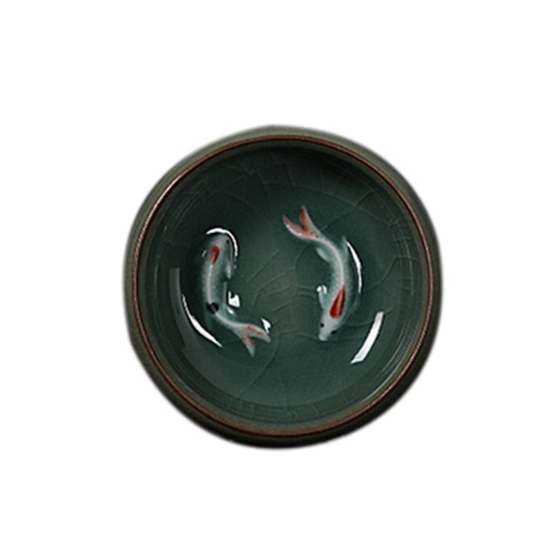 Kínai Longquan Szeladon Porcelán Teáscsésze Kung Fu Tea Csésze Csészealj Tál Golden Fish 60Ml Celadon Ropogás