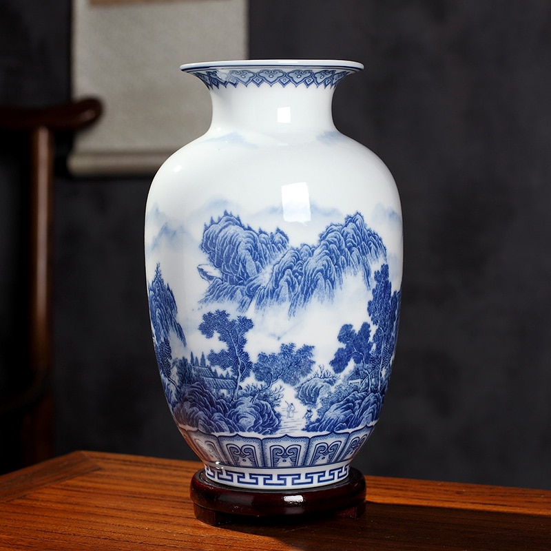 Jingdezhen Üvegezett Kék És Fehér Porcelán Kínai Stílusú Vázadekoráció Nappali Virágdísz