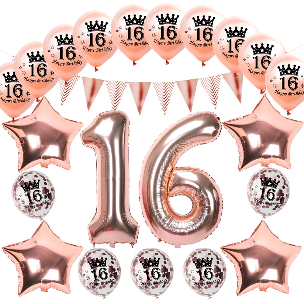 Amawill Sweet 16 Party Dekoráció Rózsaarany Léggömbök Éves Boldog Születésnapot Támogat Tizenhat Születésnapi Báli Kellék