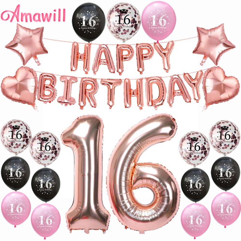 Amawill Sweet 16 Party Dekoráció Rózsaarany Léggömbök Éves Boldog Születésnapot Támogat Tizenhat Születésnapi Báli Kellék