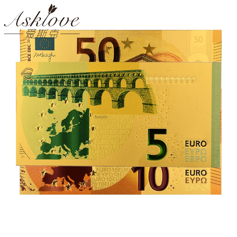 10Db Eur Arany Bankjegyek Fólia Pénz 24K Papír Gyűjtemény Ajándéktárgyak 5 10 20 50 Euro Bankjegy Készletek Minta